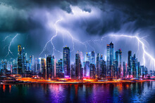 City Skyline With Lightning Thunderstorm Generative AI Art