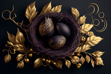 Nest with black and gold decor.  stylish elegant  Easter background.  AI generated.