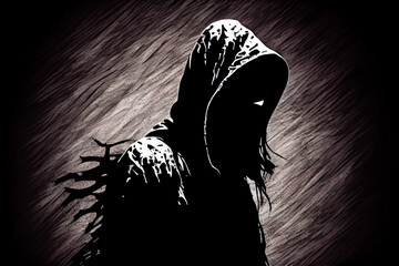 Poster - hacker wearing a black hooded jacket. Generative AI, Generative, AI