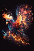 A Mythical Phoenix In The Process Of Bursting Into Flames. Fire Smoldering Wings And Feathers On Portrait Black Background In A Dark Fantasy Illustration.