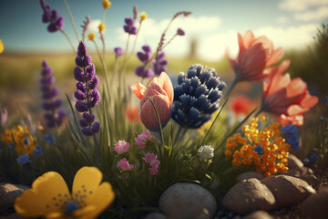 Wall Mural - Flowers in a field, spring wildflowers, blooms, generative AI digital illustration