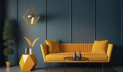  a living room with a yellow couch and two vases on the floor and a green plant in the corner of the room with a hanging light fixture.  generative ai