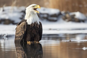 Wall Mural - Haliaeetus leucocephalus, shouting, with reflection on the water. Generative AI