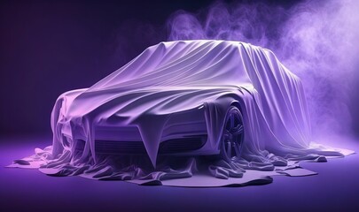  a car covered in a white sheet with a purple background and a purple light behind it is a fog filled area and a purple light shines on the car.  generative ai