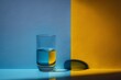 © Jorge Ferreiro - illustration, empty glass resting on a blue and yellow wall, ai generative