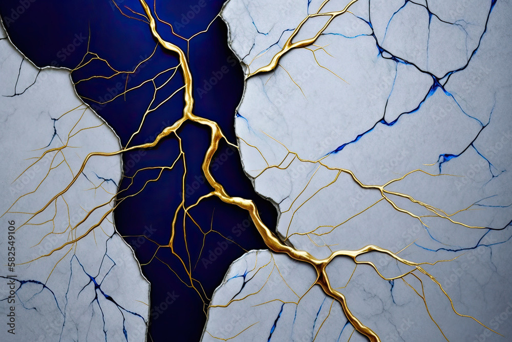 Blue and gold veins of Kintsugi or kintsukuroi abstract,generative ...