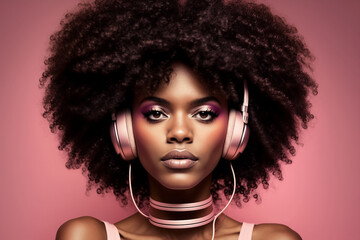 Wall Mural - Dreamy black woman with afro hair and headphones on pink background, generative ai