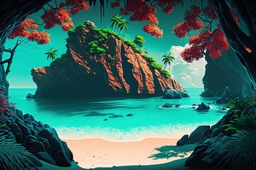 Wall Mural - illustration, neon fantasy tropical island, ai generative