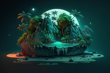 illustration, neon fantasy tropical island, ai generative