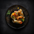 Appetizing fresh tasty chinese rolls with vegetables, close-up isolated on black, national chinese cuisine, ai generative