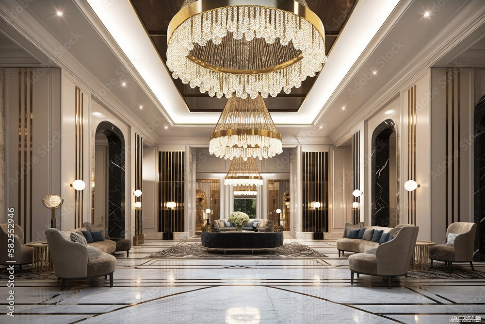 The luxury design lobby of a hotel may feature grandiose chandeliers ...