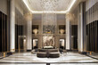 © Hanjin - The luxury design lobby of a hotel may feature grandiose chandeliers, plush velvet seating, marble floors and walls, and sleek modern art pieces, exuding opulence and sophistication - Generative AI