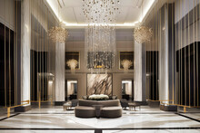 The Luxury Design Lobby Of A Hotel May Feature Grandiose Chandeliers, Plush Velvet Seating, Marble Floors And Walls, And Sleek Modern Art Pieces, Exuding Opulence And Sophistication - Generative AI