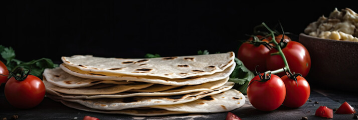 Wall Mural - Banner close-up on tortilla mexican snack food on neutral background with copy space, generative ai illustration
