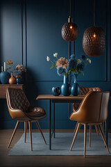  Home modern dark blue dining room interior with brown,generative artificial intelligence