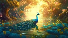 A Beautiful Peacock In A Fantastical Forest Landscape. Generative AI. 