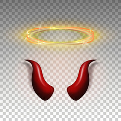 three dimensional shiny golden nimbus and red devil horns. glossy daemon horns and halo, angel ring 