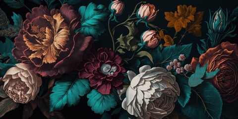 Wall Mural - Roses and peonies flowers background in rich deep colors, new baroque maximialist style generative ai