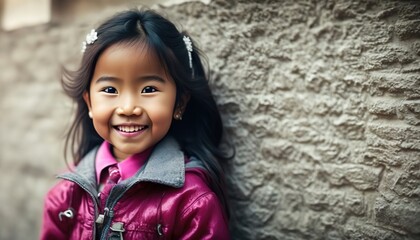 Wall Mural - Portrait of a beautiful 5 year old Asian girl smiling. Close up. Copy space. Banner. generative ai