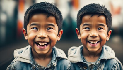 Wall Mural - Portrait of a beautiful Asian boy siblings smiling. Close up. Copy space text. Banner. generative ai