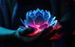 © Mighty - Closeup of the lotus flower in hands, water drops, neon lights, magic atmosphere Generative Ai