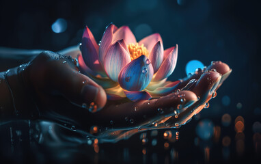 Closeup of the lotus flower in hands, water drops, neon lights, magic atmosphere Generative Ai