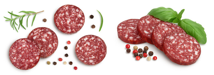 Smoked sausage salami slices isolated on white background with  full depth of field. Top view. Flat lay