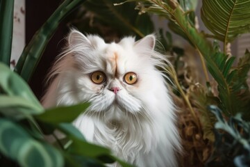 Wall Mural - Persian cat that is white, with a hazy plant in the backdrop. Generative AI