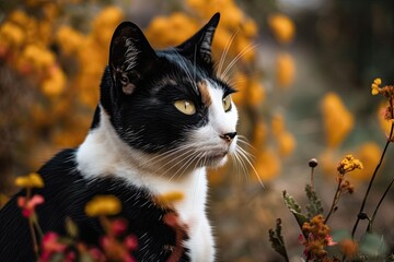 Wall Mural - Black and white cat with two colors in a flower garden. Generative AI