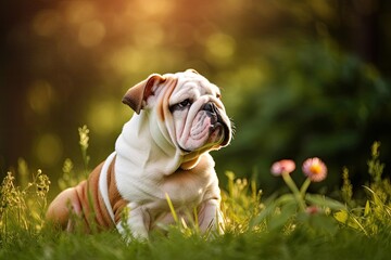 Wall Mural - Bulldog pup is content living on the greensward. Generative AI