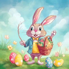 Wall Mural - Happy Easter Bunny holding a basket filled with multicolored eggs, surrounded by flowers and green grass, with a clear blue sky in the background. Generative AI