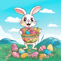 Wall Mural - Happy Easter Bunny holding a basket filled with multicolored eggs, surrounded by flowers and green grass, with a clear blue sky in the background. Generative AI