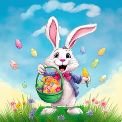 Wall Mural - Happy Easter Bunny holding a basket filled with multicolored eggs, surrounded by flowers and green grass, with a clear blue sky in the background. Generative AI