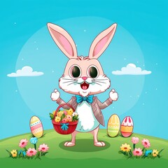 Wall Mural - Happy Easter Bunny holding a basket filled with multicolored eggs, surrounded by flowers and green grass, with a clear blue sky in the background. Generative AI