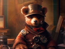 A Teddy Bear Dressed In A Steampunk Outfit, Steampunk, Close-up Shot, Inside A Cozy Study, Warm Atmosphere. Generative AI