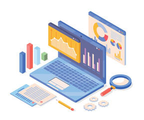 Aufkleber - data analysis concept. notebook with graphs, diagrams and charts and magnifying glass. infographics 