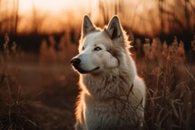 At Dusk, A Portrait Of A Gorgeous Beige And White Siberian Husky With Brown Eyes And A Long Mane Sitting On A Withered Grass Field. Generative AI