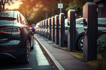 A line of electric cars charging at a public charging station. AI generation