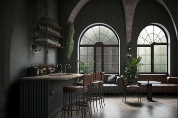 Wall Mural - Rustic and cozy restaurant interior with wooden accents and soft lighting