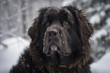 Wall Mural - Dark and light Roadside Newfoundland with snow covered trees. Dog out during a winter stroll. Thoroughbred dogs with snow stained noses. Newfoundland having snowball fights. Generative AI