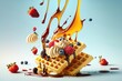 canvas print picture - Flying waffles and butter getting dripped with maple syrup and berries over a pastel backgroun. AI generation