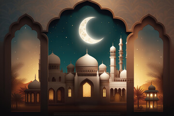 Arabic architecture, mosque, pattern and background. Ramadan Kareem Eid Mubarak Islamic holiday illustrations paper craft style. Generative ai.