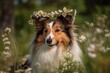 Beautiful sheltie image of a sable white Shetland sheepdog wearing a floral wreath on a warm summer day. Little collie dog with fur and a lassie face. Generative AI
