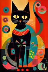 Wall Mural - Stylized cute black cat  vibrant colors kitsch mid century modern art abstract background. Generative ai.