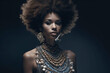 © hellame - Fictitious afro model with chocolate color skin, gorgeous jewelry and puff hair style. AI generated image