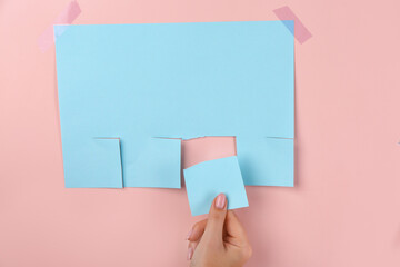 Sticker - Woman tearing off paper ad on pink background