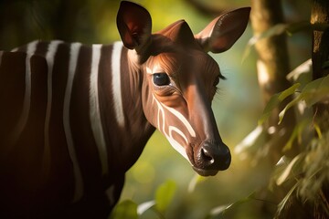 Exotic Okapi Browsing in the Dense Congo Rainforest, created with Generative AI technology