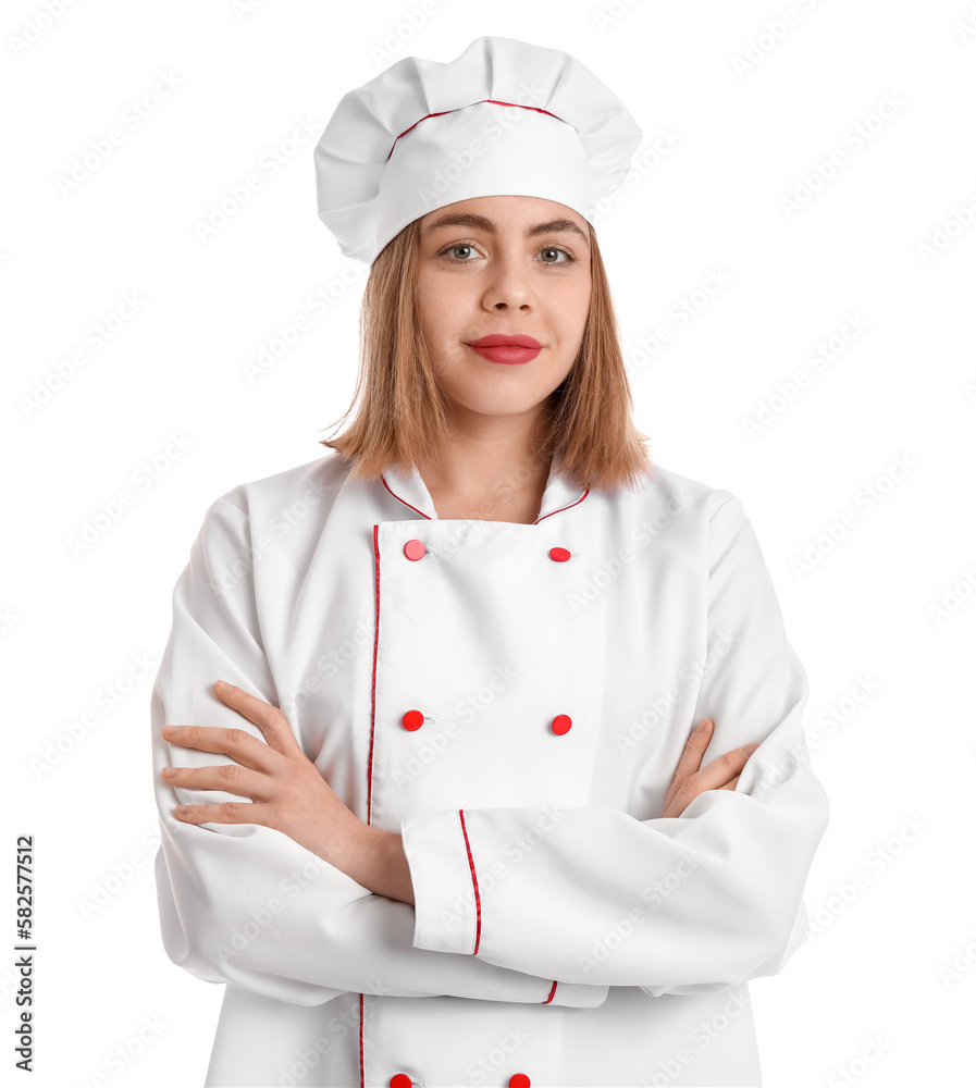 Female baker in uniform on white background