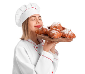 Sticker - Female baker with board of tasty croissants on white background