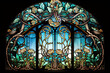 Art nouveau style stained glass window with vines and plants.  Generative AI.